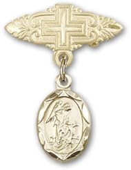 14kt Gold Baby Badge with Guardian Angel Charm and Badge Pin with Cross