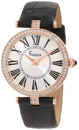 Freelook Women's HA1025RG-1 Black Leather Band Silver Dial Rose Gold Cse Swarovski Bezel Watch