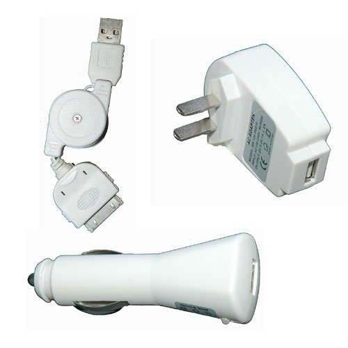 3 in 1 Charger Kit, Home/Travel Charger, Car Charger, Retractable USB kit. Compatible With Apple iPhone 3G 8GB/16GB