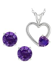 1.90 Ct Heart Amethyst Sterling Silver Pendant Earrings Set W/18" Silver Chain