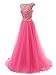 Tideclothes Long Beads Prom Dress Tulle Cap Sleeves Evening Dress