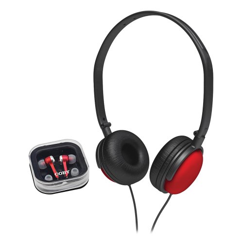 Coby CV140RED Jammerz Ultra 2-In-One Combo DJ Style Stereo Headphones and Earphones (Red)