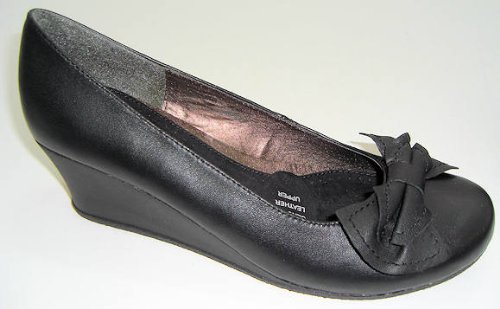 Size 7 The Leather Collection Womens Sallie Black Round Toe Wedge Heel Court Shoes