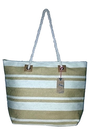 Large Zipper Top Stripe Straw Look Beach Bag Tote - 20