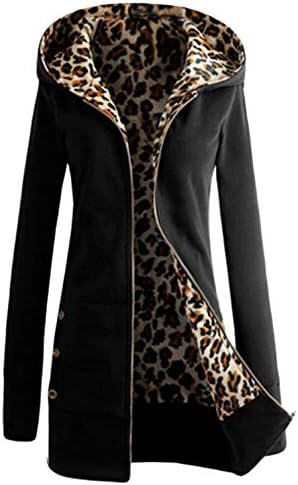 My Wardrobe Women's Warm Button Hoodie Plus Leopard Coat Long Jacket (M, Black)