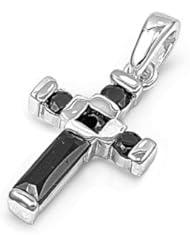 Sterling Silver Cross Black CZ Pendant Beautiful Cute Charm Pure 925 New 18mm with 0.8mm Snake Chain