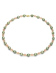 14k Yellow Gold 7-8mm Green Freshwater Pearl with Pink Swarovsky Crystal and 3-4mm Gold Beads Necklace 17" Length.