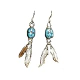Native American Navjo Sterling Silver Handcrafted Danlge Hook Long Feather Earrings Genuine Turquoise,,