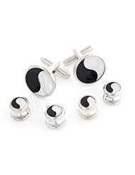 JJ Weston mother of pearl and onyx Ying and Yang cufflinks and shirt stud formal set. Made in the USA