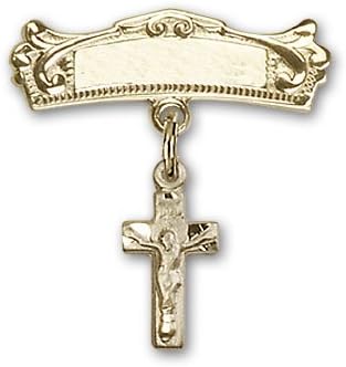 14kt Gold Baby Badge with Crucifix Charm and Arched Polished Badge Pin