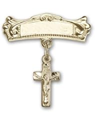 Gold Filled Baby Badge with Crucifix Charm and Arched Polished Badge Pin