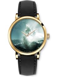 SPRAWL Aanalog Fashion Series Gold Ladies Watches of Genuine Black Leather Strap,Unique Wrist Watch for Women Girls Designed with Scenes on the mountain