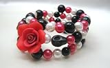 Gothic Rockabilly red rose with black viva skull multi strand bracelet