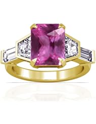 14K Yellow Gold Emerald Cut Pink Sapphire Ring With Sidestones