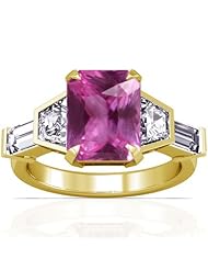 18K Yellow Gold Emerald Cut Pink Sapphire Ring With Sidestones