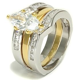 Two Tone Sterling Silver CZ Half Eternity Wedding Ring Set: Jewelry