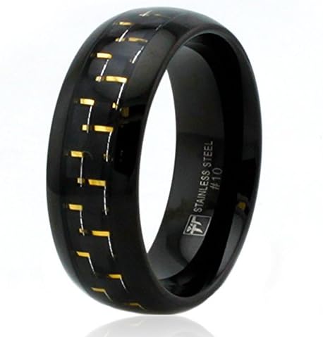 Black Stainless Steel Stylish Dome Band Ring with Gold Carbon Fiber Inlay, Ring Band Width of 8MM