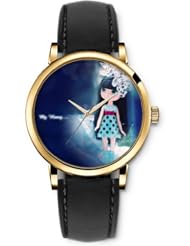SPRAWL Aanalog Fashion Series Gold Ladies Watches of Genuine Black Leather Strap,Unique Wrist Watch for Women Girls Designed with Girl in blue dress