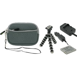 4n1 - Neoprene (Grey) Sleeve Case / LI-10B AC DC Charger / Battery / Tripod for Olympus Stylus 7000 Digital Camera Silver