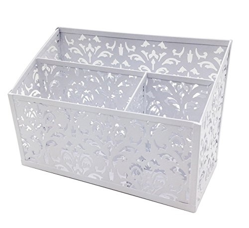 EasyPAG Carved Hollow Flower Pattern Decorative 3 Compartment Heavy Duty Desk Organizer Office Supply Caddy , 8-1/2 X 4 X 4 inch ,White
