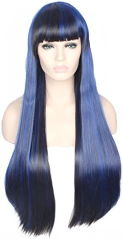 Wig Mall Halloween Wigs Women's Long Straight Full Bangs Synthetic Black with Blue