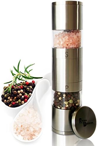 Salt and Pepper Grinder Set Prefilled with Himalayan Sea Salt and Peppercorn Blend - Compact Dual Stainless Steel Mill