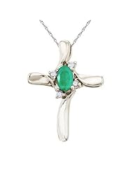 Emerald and Diamond Cross Necklace Pendant 14k White Gold