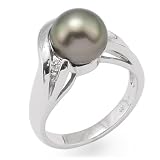 Tahitian Black Pearl Ring with Diamond in 14K White Gold