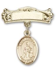 Gold Filled Baby Badge with St. Angela Merici Charm and Arched Polished Badge Pin