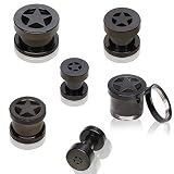 Gothic Black Titanium Anodized 316L Surgical Stainless Steel Double Flare Tunnel Screw Fit Plugs with Star - 9/16" (14mm) - Sold as a Pair