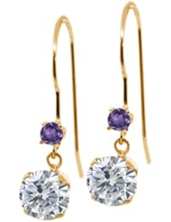 1.12 Ct Round G/H Diamond Purple Amethyst 14K Yellow Gold Earrings