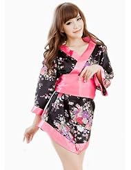 BOA Lingerie Nuisette Kimono Fleuri Noir&Rose  Femme Satin
