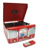 Inovalley Retro 03 N Red Retro Styled HiFi Music System, FM Radio, Vinyl Record Player & CD Player (model with MP3 USB recording & playback)