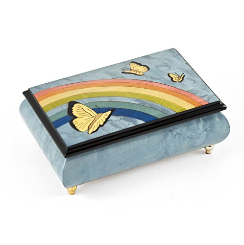 Joyful Light Blue and Wood Tone Butterfly and Rainbow Musical Jewelry Box with 18 Note Tune-Here Comes the Sun