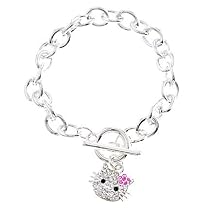Rhodium Plated Pink Crystal Hello Kitty Charm Bracelet