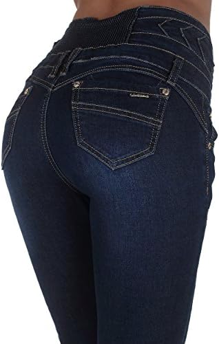 MK3003 - High Rise Colombian Style Elastic Waist, Butt Lift, Skinny Jeans in Washed Dark Blue Size 11