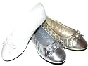Girls Stitched Ballet Inspired Bow Dress Flats Shoes Gold Silver or White