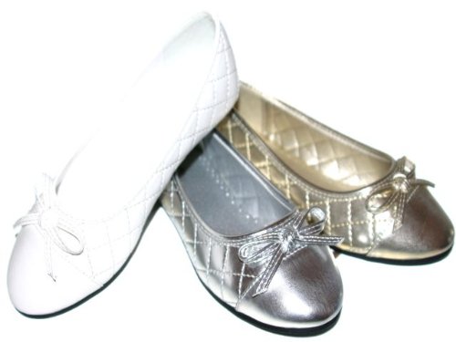 Girls Stitched Ballet Inspired Bow Dress Flats Shoes Gold Silver or White