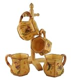 COFFEE MUGS W/ WOOD RACK BAMBOO ROOSTER SUNFLOWER