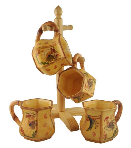 COFFEE MUGS W/ WOOD RACK BAMBOO ROOSTER SUNFLOWER