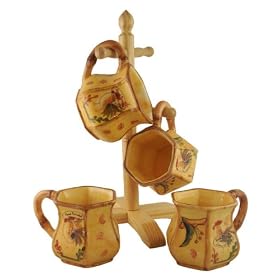 Click here to buy COFFEE MUGS W  WOOD RACK BAMBOO ROOSTER SUNFLOWER by ACK.