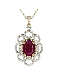18K Yellow Gold Oval Cut Ruby And Round Diamond Pendant