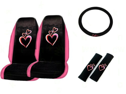 5-Piece Optic Art Multicolor Hearts Auto Interior Gift Set- A Set of 2 Universal Fit Seat Covers, 1 Steering Wheel Cover, and 2 Shoulder Pads