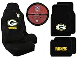 IMAGE OF 7 Piece NFL Gift Set - 2 Universal-Fit Front Bucket Seat Covers and 4 Universal-Fit Carpeted Floor Mats and Comfort Grip Steering Wheel Cover - Green Bay Packers