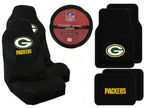 7 Piece NFL Gift Set - 2 Universal-Fit Front Bucket Seat Covers and 4 Universal-Fit Carpeted Floor Mats and Comfort Grip Steering Wheel Cover - Green Bay Packers