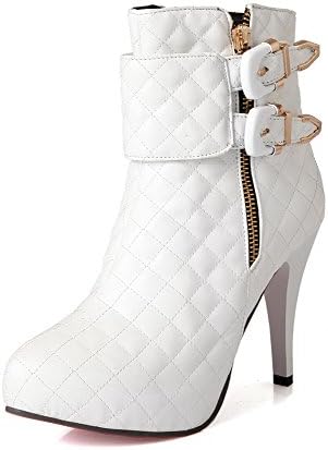 Maymeenth Womens Closed Round Toe High Heels Spikes Stilettos PU Solid Boots with Buckle and Red Bottom, White, 41