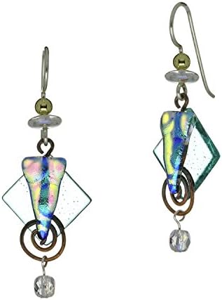 DeVeer Designs Decorative Handcrafted Artisan Dichroic Fused Glass With Copper Spiral Earrings - Teal
