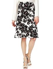 Linen Blend Knee Length Floral Belted Skirt