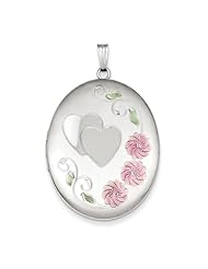 Sterling Silver Heart W/ Enamel Flowers 34mm Oval Locket
