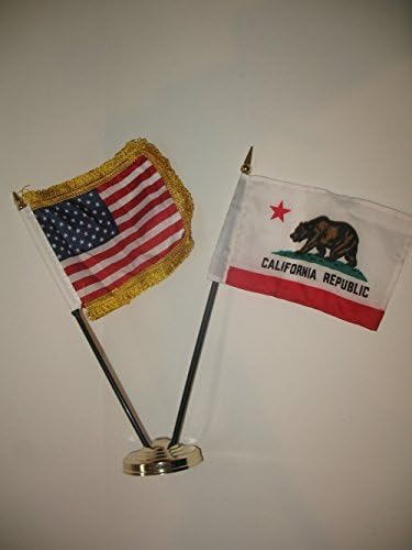 US USA American Gold Fringe w/ California Republic State 4"x6" Miniature Flags Desk Set with Gold Base